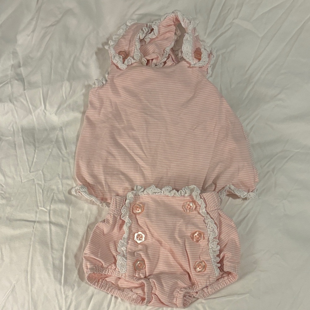 Striped Pink Baby Set with Lace Trim & Buttons